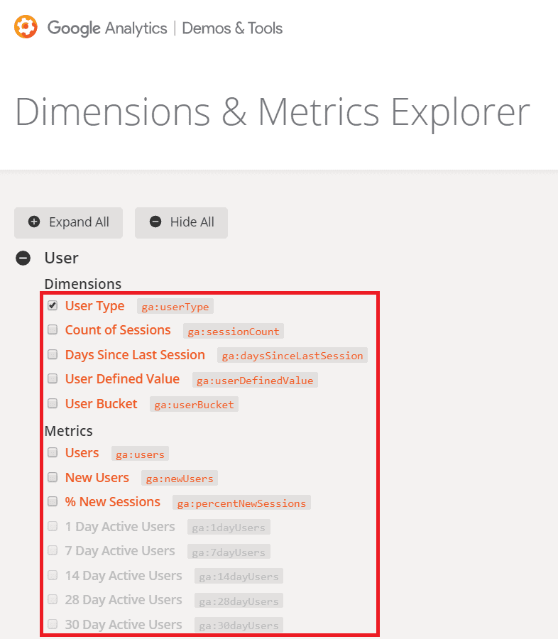 dimensions and metrics explorer