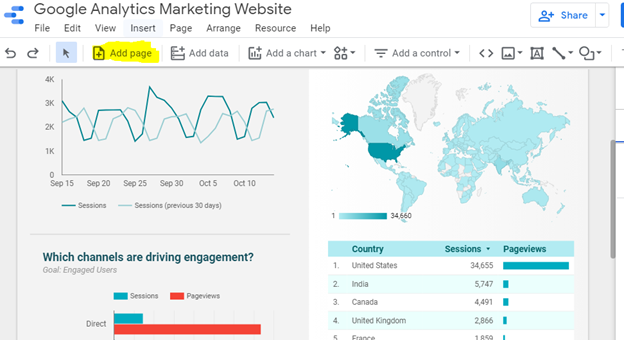 Add page button highlighted in yellow google data studio