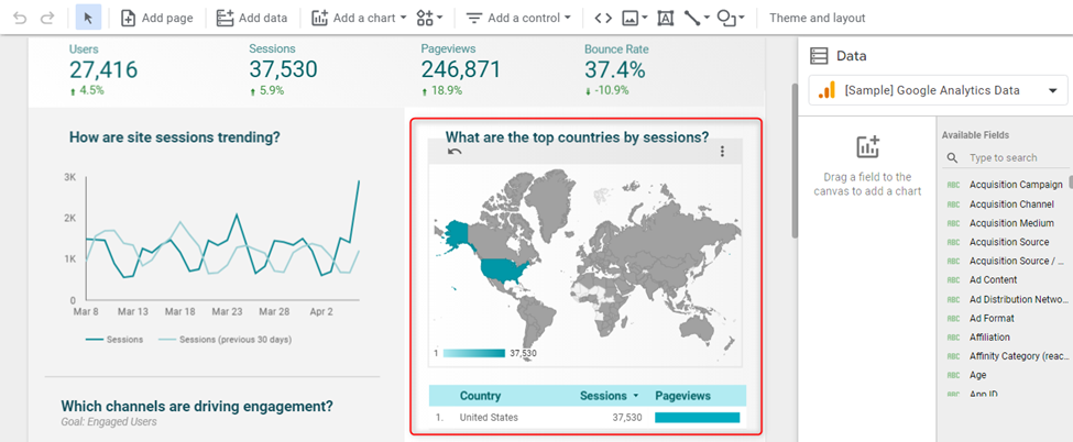 selecting a chart in google data studio