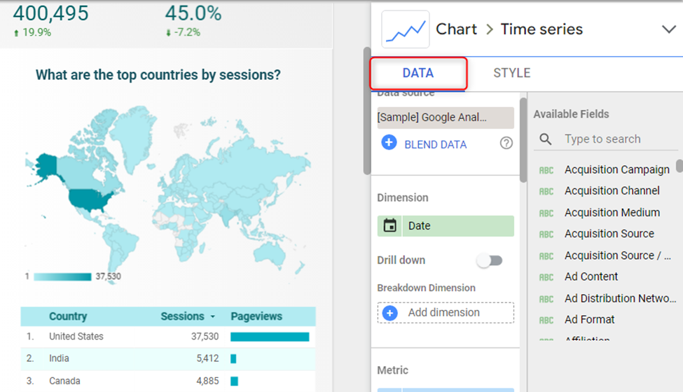 data menu in google data studio