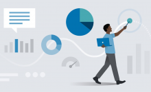 illustrations of a person and data charts storytelling