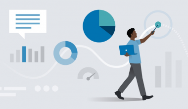 illustrations of a person and data charts storytelling