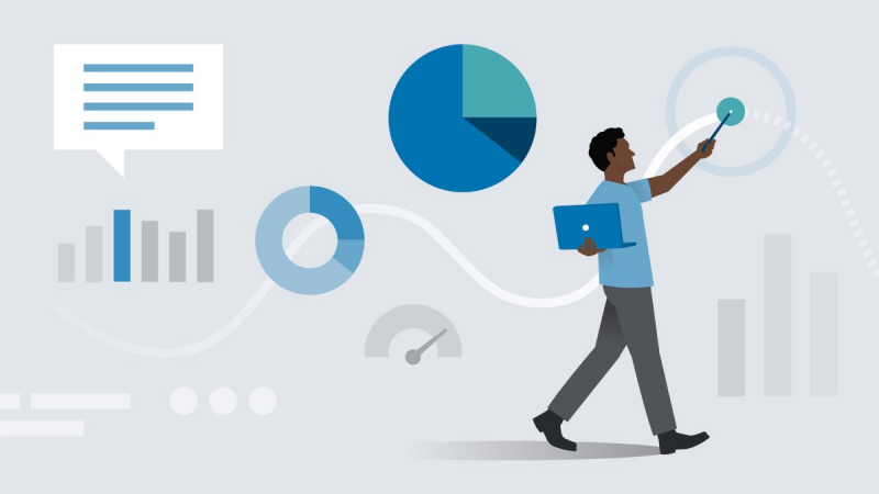 illustrations of a person and data charts storytelling